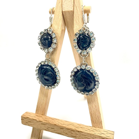 HANDMADE Elegant Formal Resin Rhinestone Drop Earrings on Leverback Earwire - Picture 7 of 10